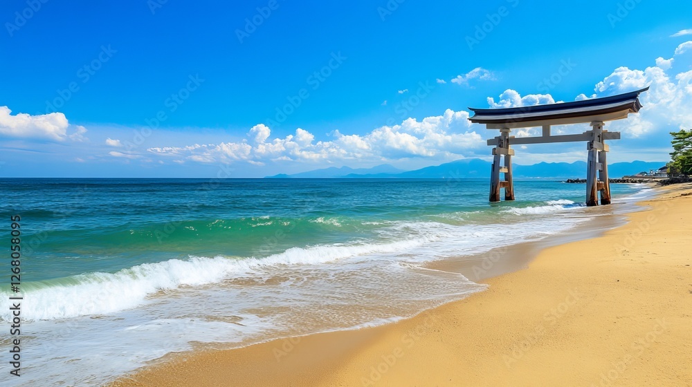 Stunning Coastal Scene Tranquil Beach Ocean Waves Japanese Torii Gate Summer Vacation Idyllic Seascape Beautiful Azure Sky Calm Water Golden Sand Stunning Coastal Scene Tranquil Beach Ocean Waves Japanese Torii Gate Summer Vacation Idyllic Seascape Beautiful Azure Sky Calm Water Golden Sand