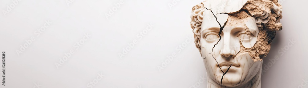 Naklejka premium A cracked marble bust, one side covered in glistening raindrops, the other crumbling under heavy erosion