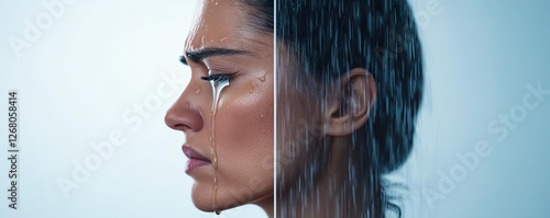 Wallpaper Mural A crying face, where tears blend seamlessly into rain, one side clear, the other heavy and distorted Torontodigital.ca