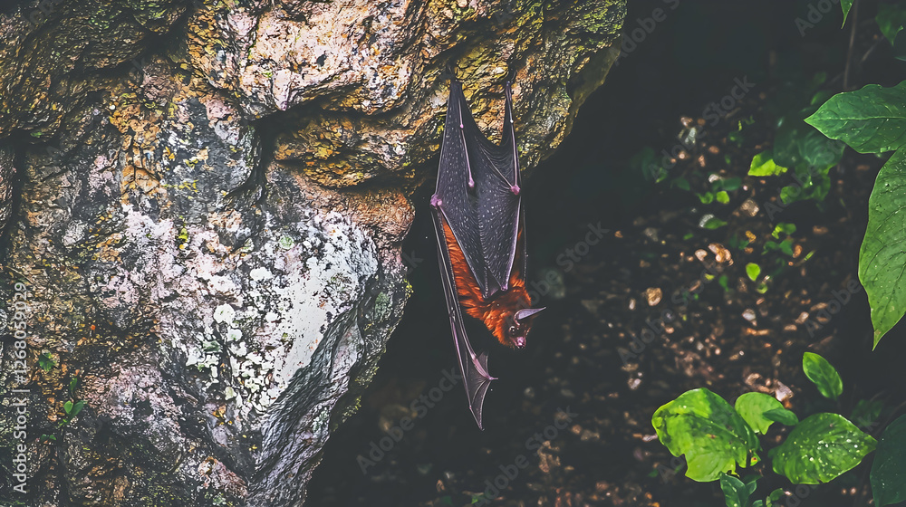 Cave-dwelling bat hanging from rock, lush jungle background, wildlife photography Cave-dwelling bat hanging from rock, lush jungle background, wildlife photography