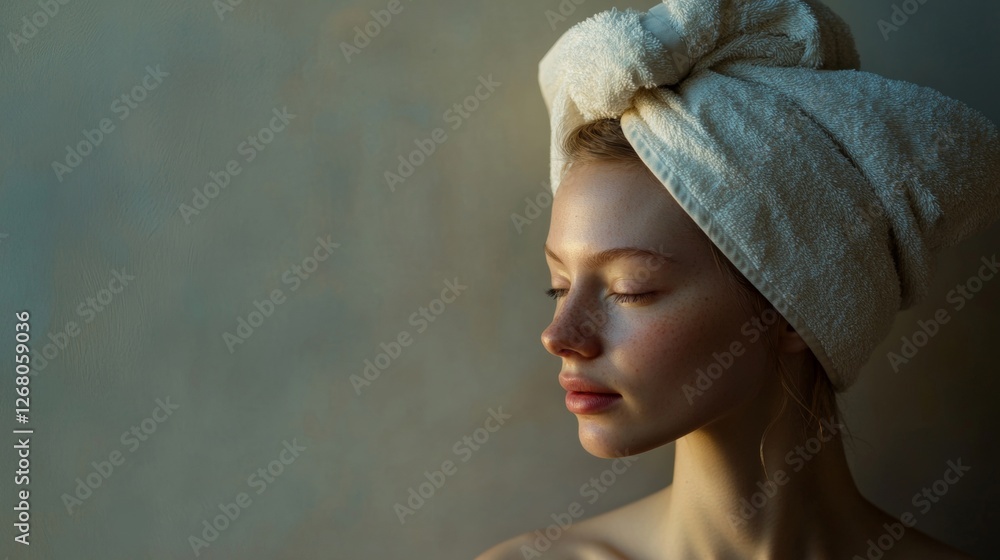 Fototapeta premium Elegant Woman with Towel Wrap and Natural Glow in Soft Light