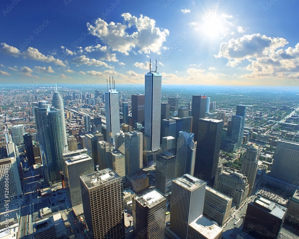 Fototapeta premium Sunny Cityscape Aerial View of Downtown