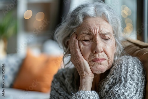 Elderly woman holding her face in pain, illustrating symptoms of facial nerve disorders like trigeminal neuralgia or Bell's palsy.