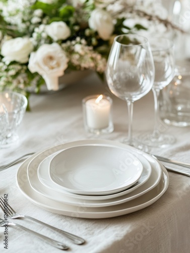 Wallpaper Mural Elegant table setting with white dishes, candles, and floral centerpiece for a special occasion. Generative AI Torontodigital.ca