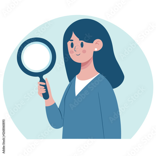 Young woman holding magnifying glass. Explore research and information concept. Vector flat illustration