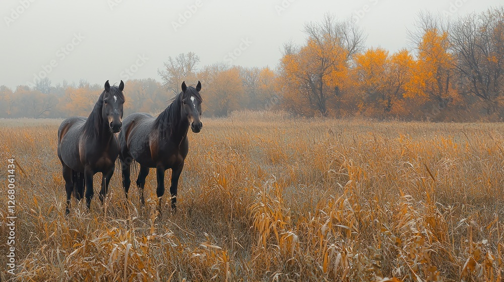 Two Dark Horses Stand in Autumn Field Two Dark Horses Stand in Autumn Field