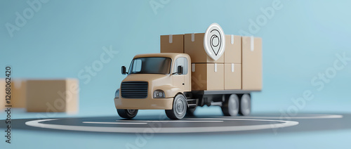 Delivery Truck with Package Tracking: A light beige delivery truck loaded with cardboard boxes is shown driving on a circular road, with a location tracking icon indicating its position.