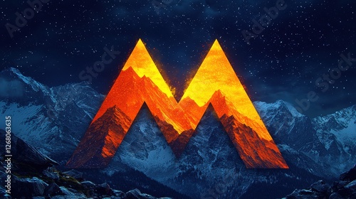 A stylized mountain logo featuring a fiery, lava-like texture against a night sky. photo