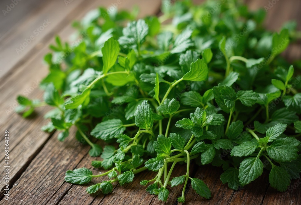 Mint Leaves on a Wooden Table Mint Leaves on a Wooden Table