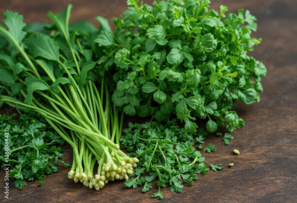 Parsley Bunch on Wooden Table: A Closer Look at Fresh Herbs Parsley Bunch on Wooden Table: A Closer Look at Fresh Herbs
