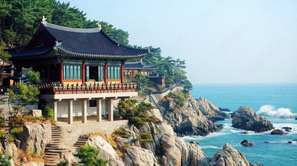 Fototapeta premium Coastal Korean Temple Perched on Dramatic Cliffs