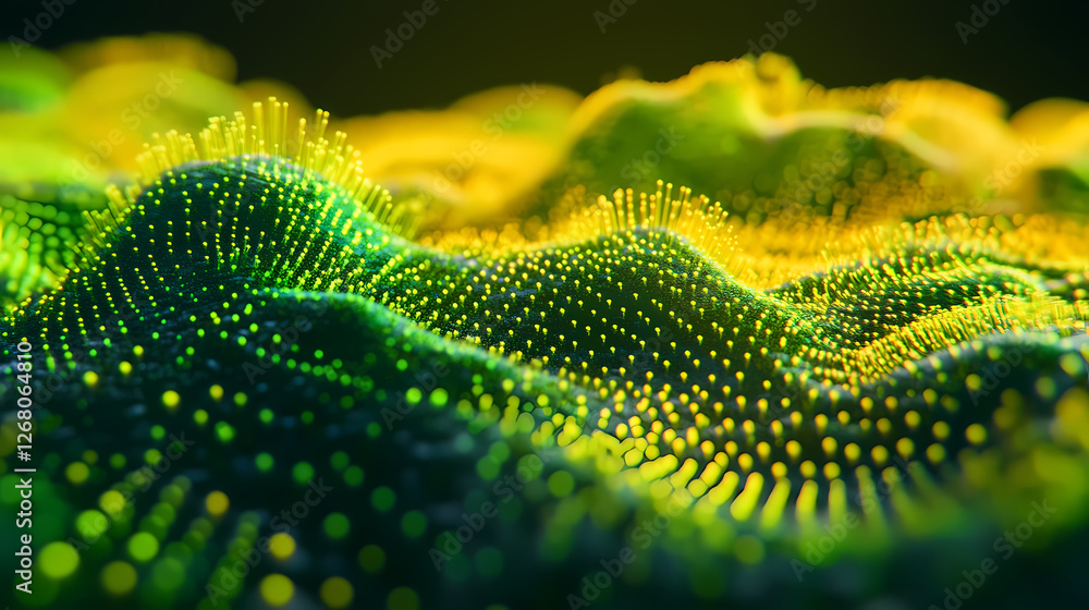 Abstract Green and Gold Landscape: A mesmerizing digital landscape unfolds, composed of vibrant green and gold particles forming undulating hills and valleys. Abstract Green and Gold Landscape: A mesmerizing digital landscape unfolds, composed of vibrant green and gold particles forming undulating hills and valleys.