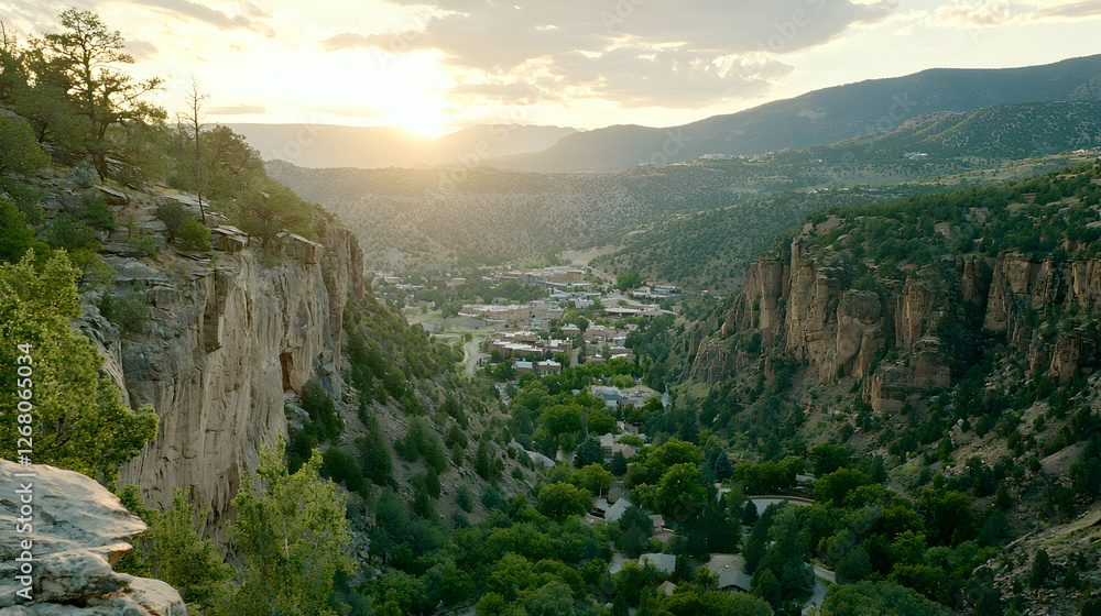 Obraz premium Sunset over mountain town valley, scenic cliffside view, tranquil landscape, tourism brochure