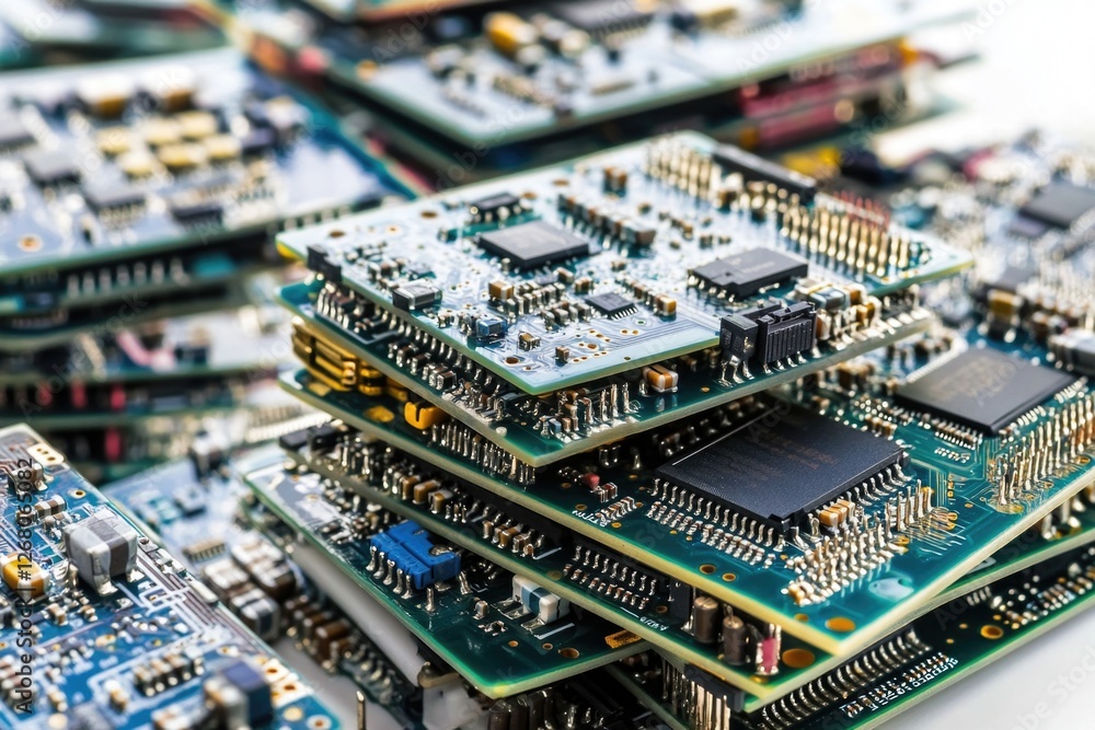 Obraz premium Stacked electronic components on a surface