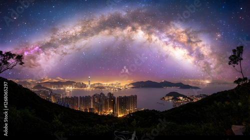 Milky Way arch over Hong Kong cityscape at night, showcasing urban lights and mountains, ideal for travel and astronomy photo