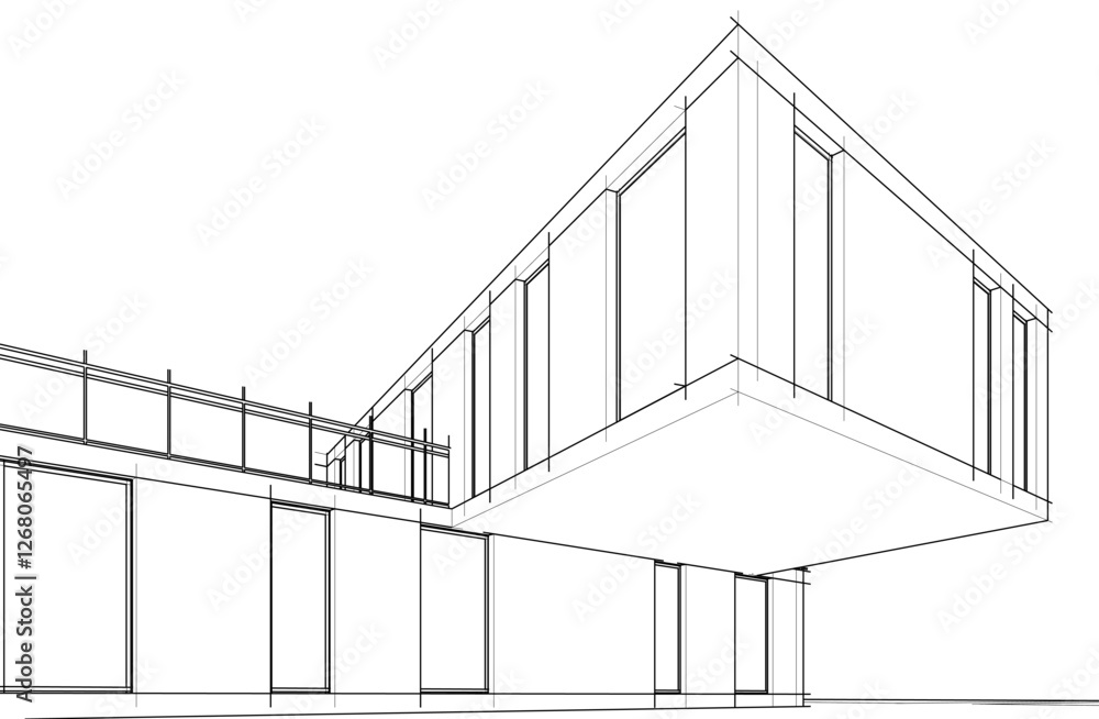 Fototapeta premium Modern Architectural Wireframe Sketch – Vector Blueprint of Contemporary Building