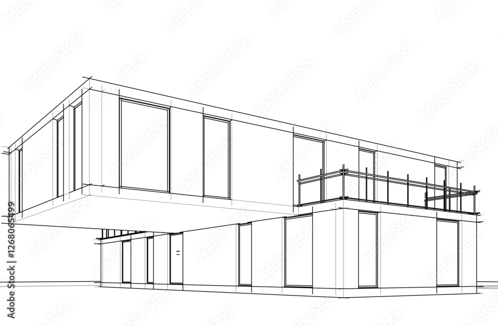 Fototapeta premium Modern Architectural Wireframe Sketch – Vector Blueprint of Contemporary Building