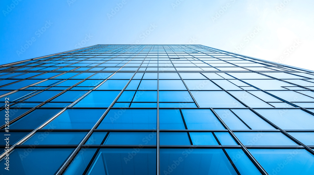 Low-angle view of a modern glass skyscraper with a clear blue sky, symbolizing architectural design, innovation, and the concept of reaching new heights in urban development. Top View. Low-angle view of a modern glass skyscraper with a clear blue sky, symbolizing architectural design, innovation, and the concept of reaching new heights in urban development. Top View.