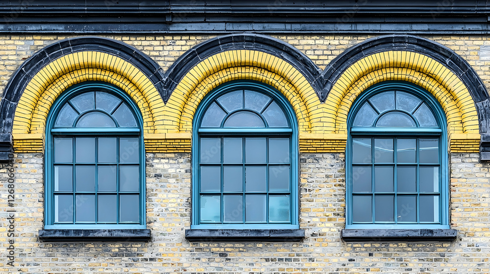Obraz premium Three arched windows, teal frames, yellow brick building, urban background, architectural design