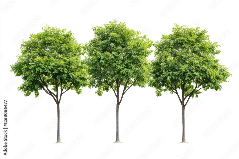 A group of four trees with green leaves in a natural setting A group of four trees with green leaves in a natural setting