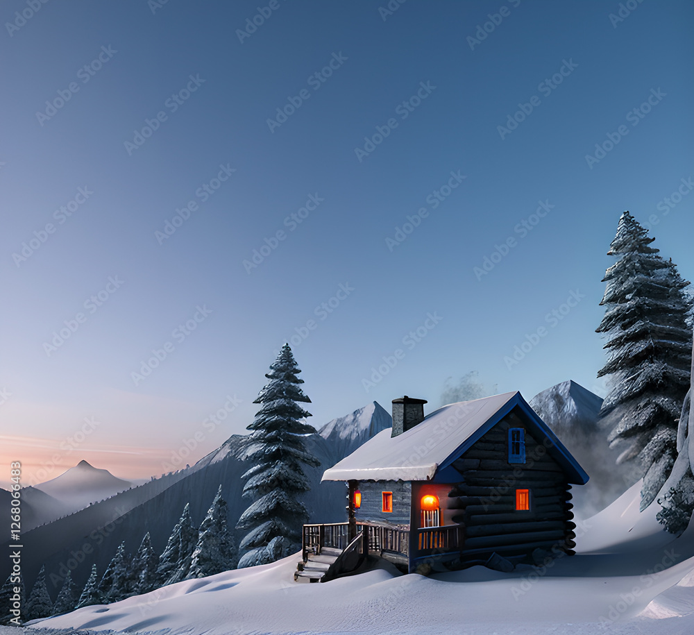 Fototapeta premium Beautiful view of Emerald Lake with snow covered and wooden lodge glowing in rocky mountains and pine forest on winter.generative ai