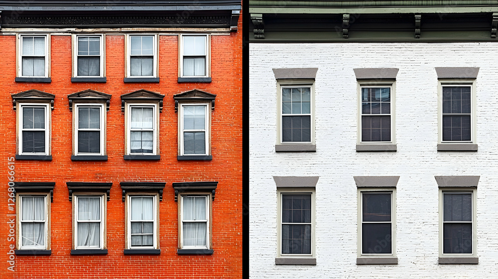 Fototapeta premium Urban cityscape contrasting brick and white buildings, city street background, real estate brochure