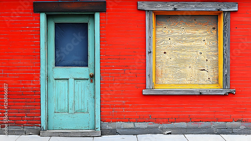 Teal door  boarded window  red brick building facade  urban decay  architectural detail