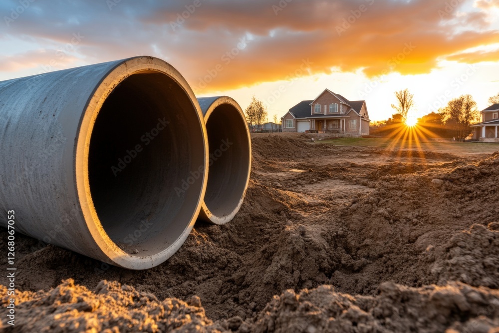 construction site at sunset with pipes construction site at sunset with pipes