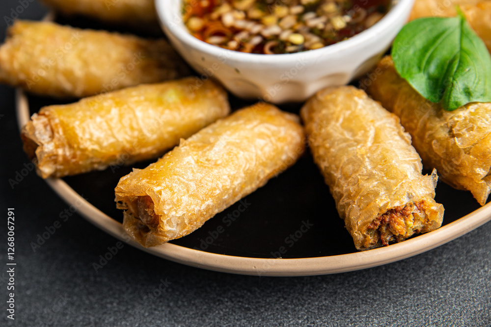 Nem rolls with sauce vietnamese rice paper roll delicious gourmet food background on the table rustic food top view copy space Nem rolls with sauce vietnamese rice paper roll delicious gourmet food background on the table rustic food top view copy space
