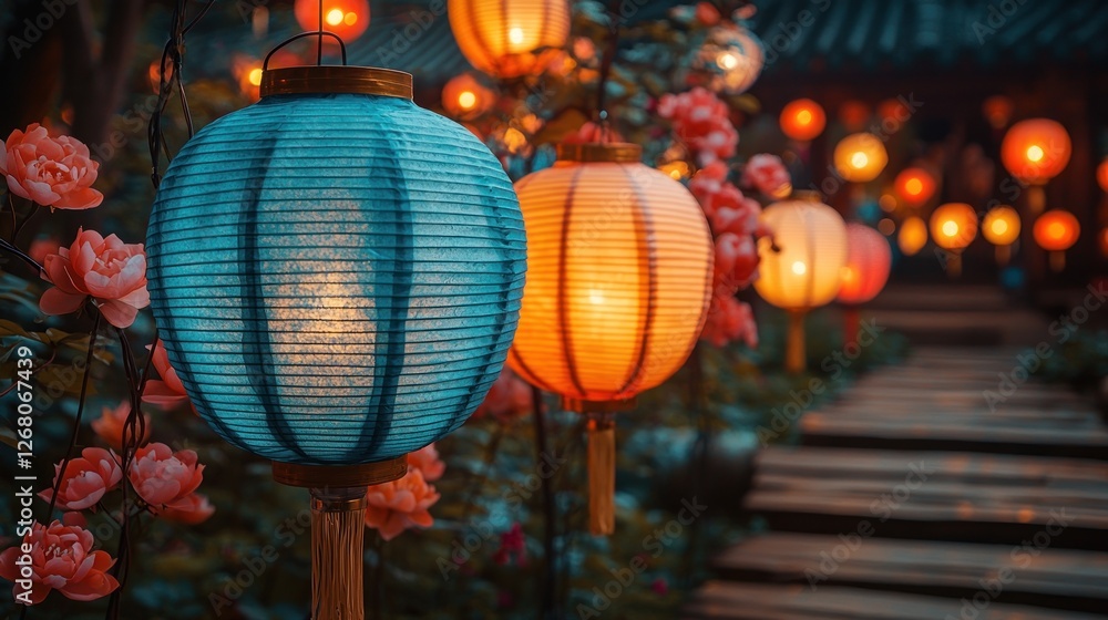 Fototapeta premium Illuminated Lanterns Adorn Festive Garden Pathway