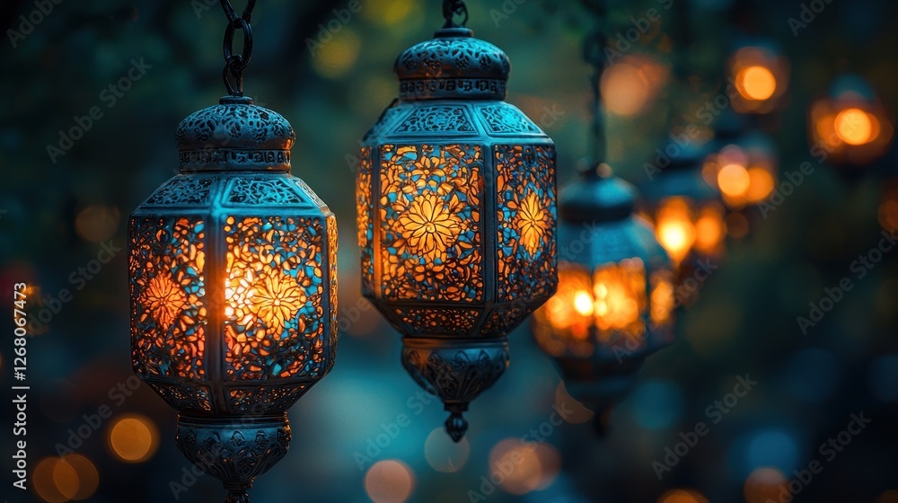 Illuminated Ornate Lanterns Hanging Outdoors at Night Illuminated Ornate Lanterns Hanging Outdoors at Night