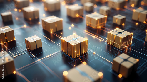 Global Network of Packages: An abstract illustration representing a global network of interconnected packages, visualized with glowing lines connecting cardboard boxes on a circuit board background.