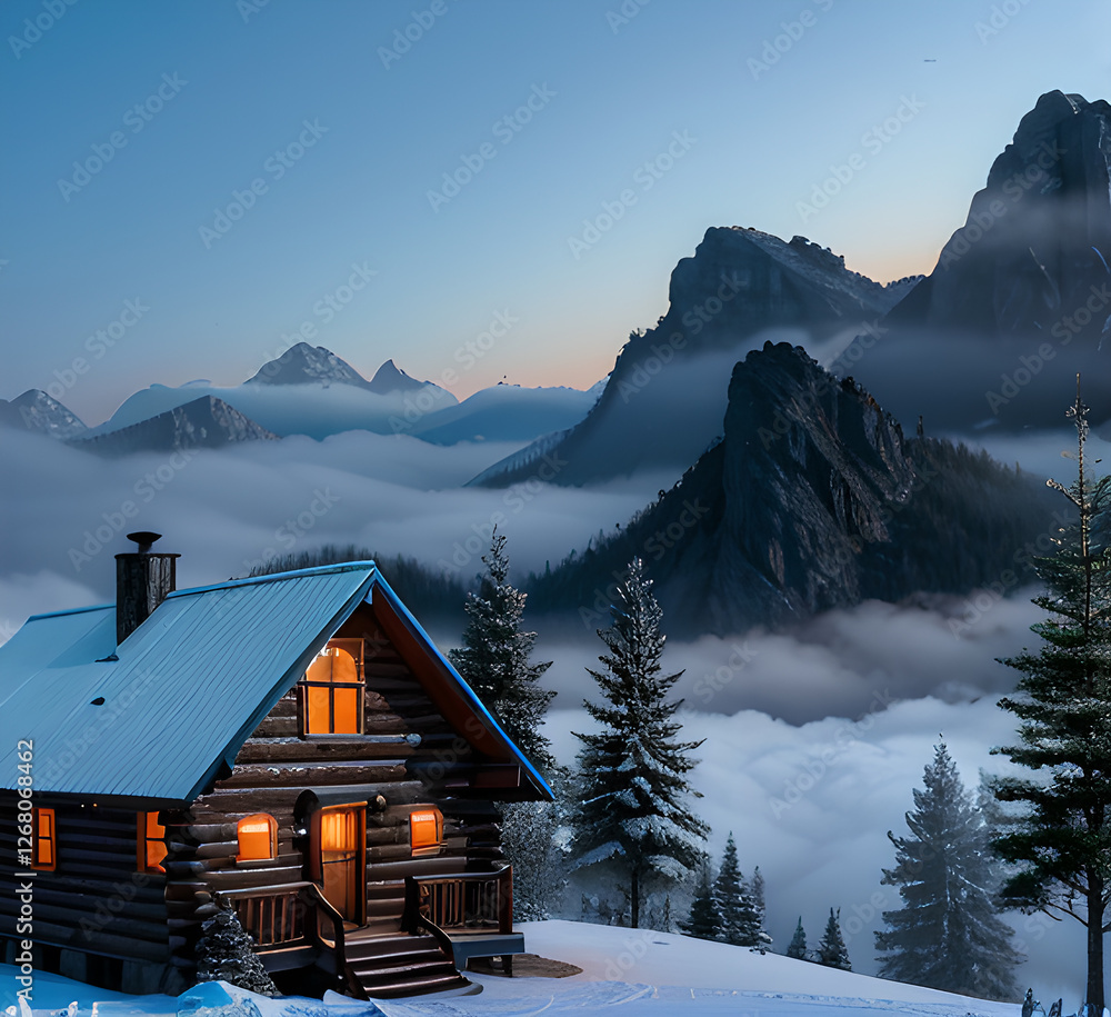 Beautiful view of Emerald Lake with snow covered and wooden lodge glowing in rocky mountains and pine forest on winter.generative ai Beautiful view of Emerald Lake with snow covered and wooden lodge glowing in rocky mountains and pine forest on winter.generative ai