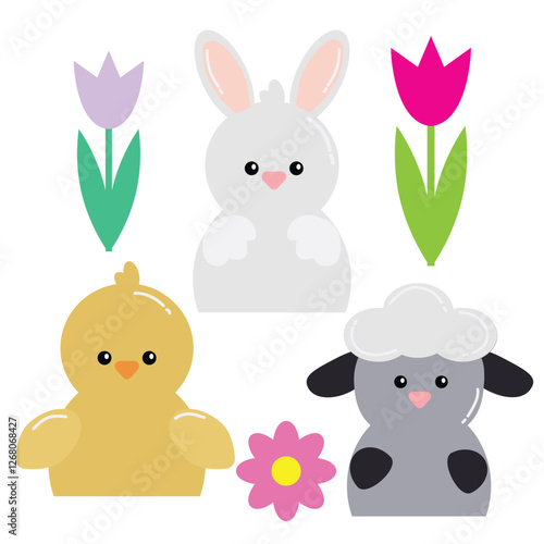 Easter bunny, chick and lamb vector cartoon illustration