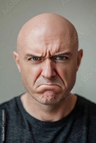 A close-up of a bald man with a frown on his face, great for expressions and emotions photo