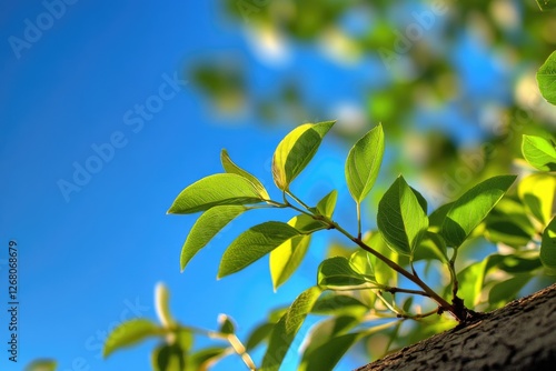 A tree branch with lush green leaves against a clear blue sky