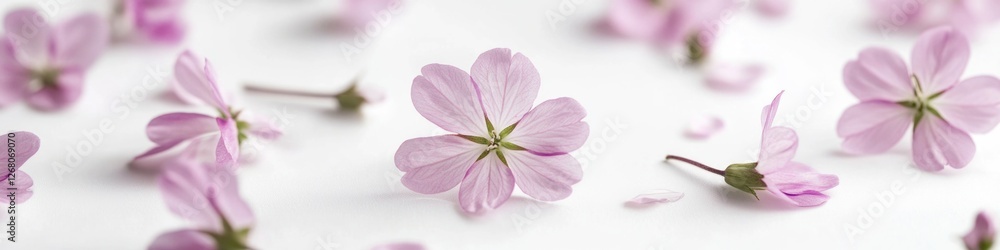 A bouquet of fresh pink flowers arranged on a clean white surface A bouquet of fresh pink flowers arranged on a clean white surface
