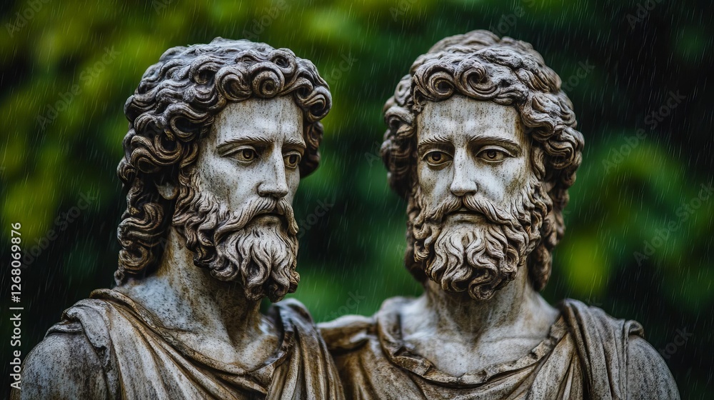 Twin god statues, one worn by the rain of time, the other eternally preserved in a gentle drizzle Twin god statues, one worn by the rain of time, the other eternally preserved in a gentle drizzle