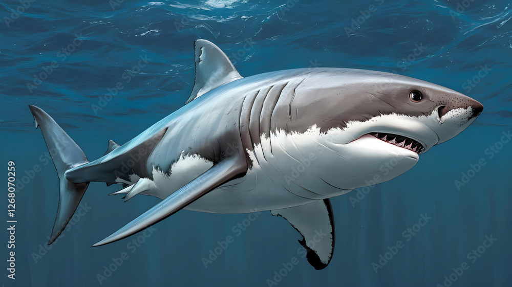 Fototapeta premium Majestic Great White Shark in the Ocean Depths