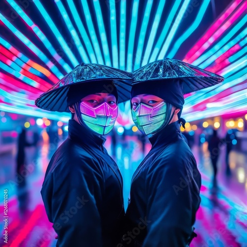 Urban samurai standing under neon-lit dual rain, their mask splitting into different color reflections photo