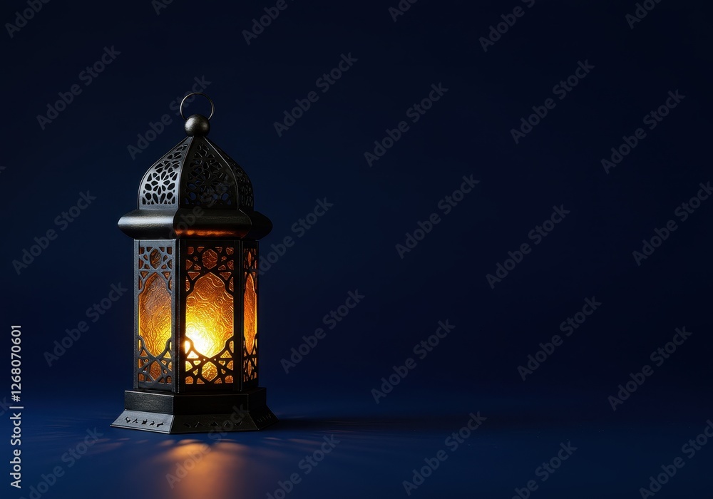 A single intricately designed Ramadan lantern with warm glowing light placed on a deep blue surface A single intricately designed Ramadan lantern with warm glowing light placed on a deep blue surface