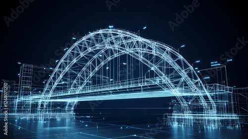 Digital Bridge Blueprint:  A futuristic wireframe rendering of an elegant arched bridge, illuminated against a dark blue backdrop, showcasing intricate details of its design and engineering.