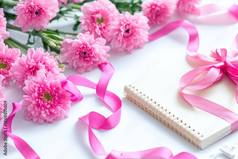 A notebook with a decorative pink ribbon and fresh flowers, great for a journaling or creative inspiration A notebook with a decorative pink ribbon and fresh flowers, great for a journaling or creative inspiration