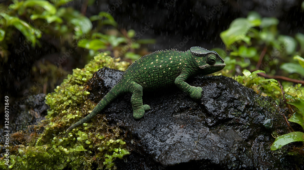 Green chameleon rainforest rock rain nature wildlife Green chameleon rainforest rock rain nature wildlife