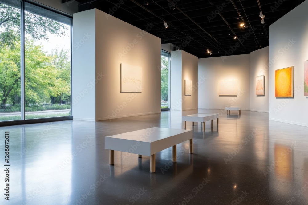 Fototapeta premium art gallery interior with modern paintings and seating.