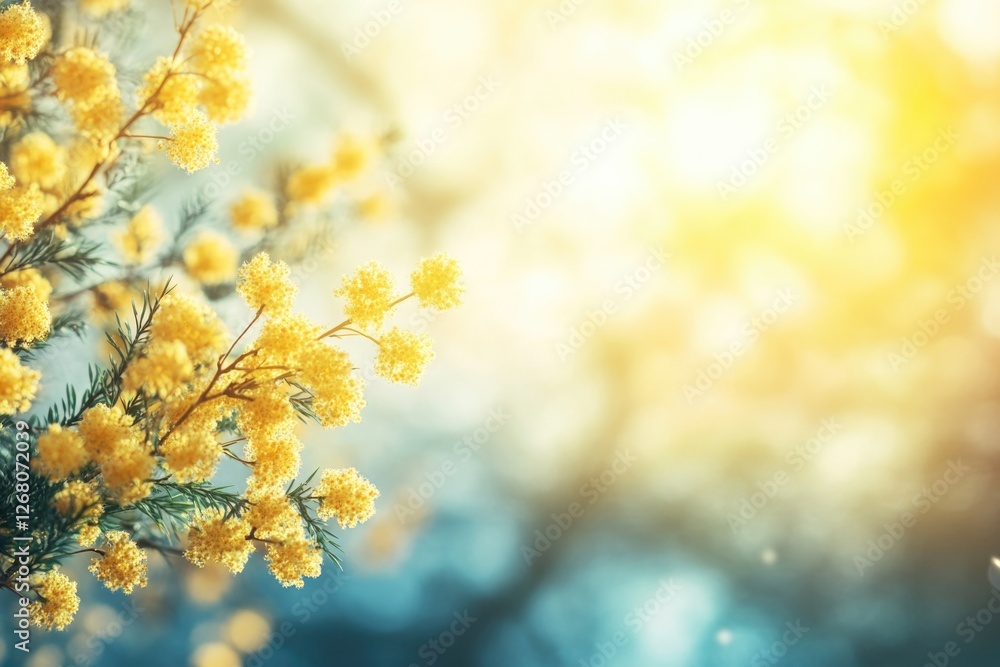 A cluster of bright yellow flowers grows on a tree branch, adding vibrant color to the scene A cluster of bright yellow flowers grows on a tree branch, adding vibrant color to the scene
