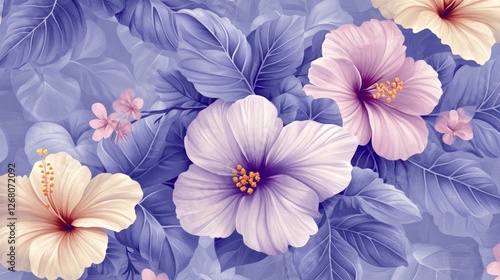Pastel hibiscus flowers and leaves seamless pattern.