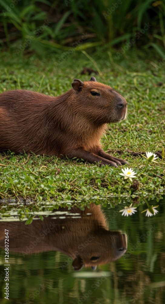 Capybara Relaxing by the River in Lush Wetlands Capybara Relaxing by the River in Lush Wetlands
