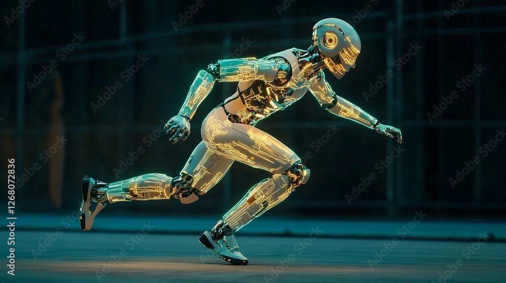 Futuristic robot sprinting in urban setting. Futuristic robot sprinting in urban setting.