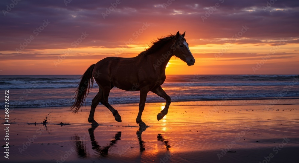 Horse running on the beach at sunset Horse running on the beach at sunset